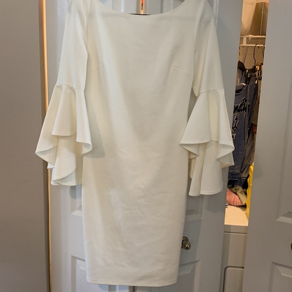 VeFemage Dresses & Skirts - VeFemage ivory body contouring dress 3/4 ruffle asymmetrical bell sleeves szM